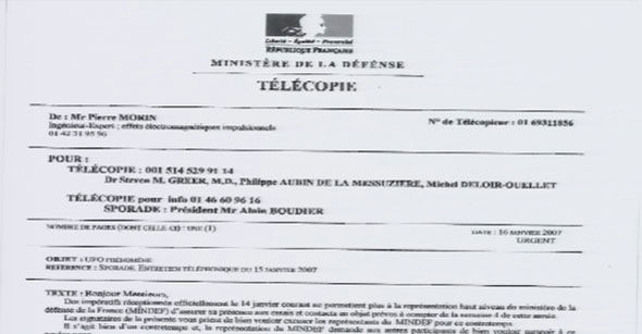 Suposto documento do Ministério da Defesa da França, apresentado pelo Dr. Greer durante sua palestra no Reino Unido.